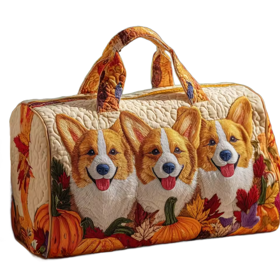 Bolso de viaje artesanal acolchado con asas y estampado frontal de 3 perritos corgi