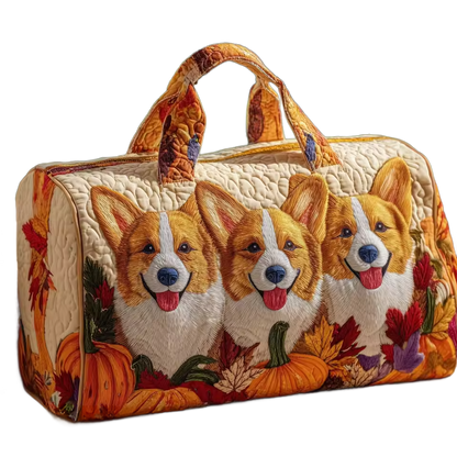 Bolso de viaje artesanal acolchado con asas y estampado frontal de 3 perritos corgi