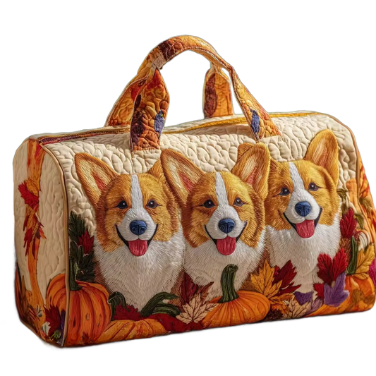 Bolso de viaje artesanal acolchado con asas y estampado frontal de 3 perritos corgi