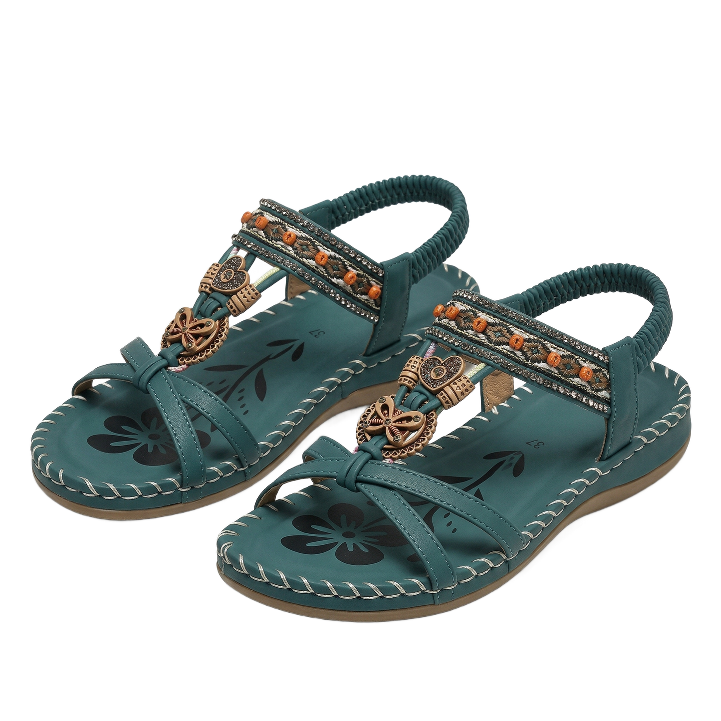 Sandalias ortopédicas turquesa con tiras trenzadas, pedrería y estampado floral