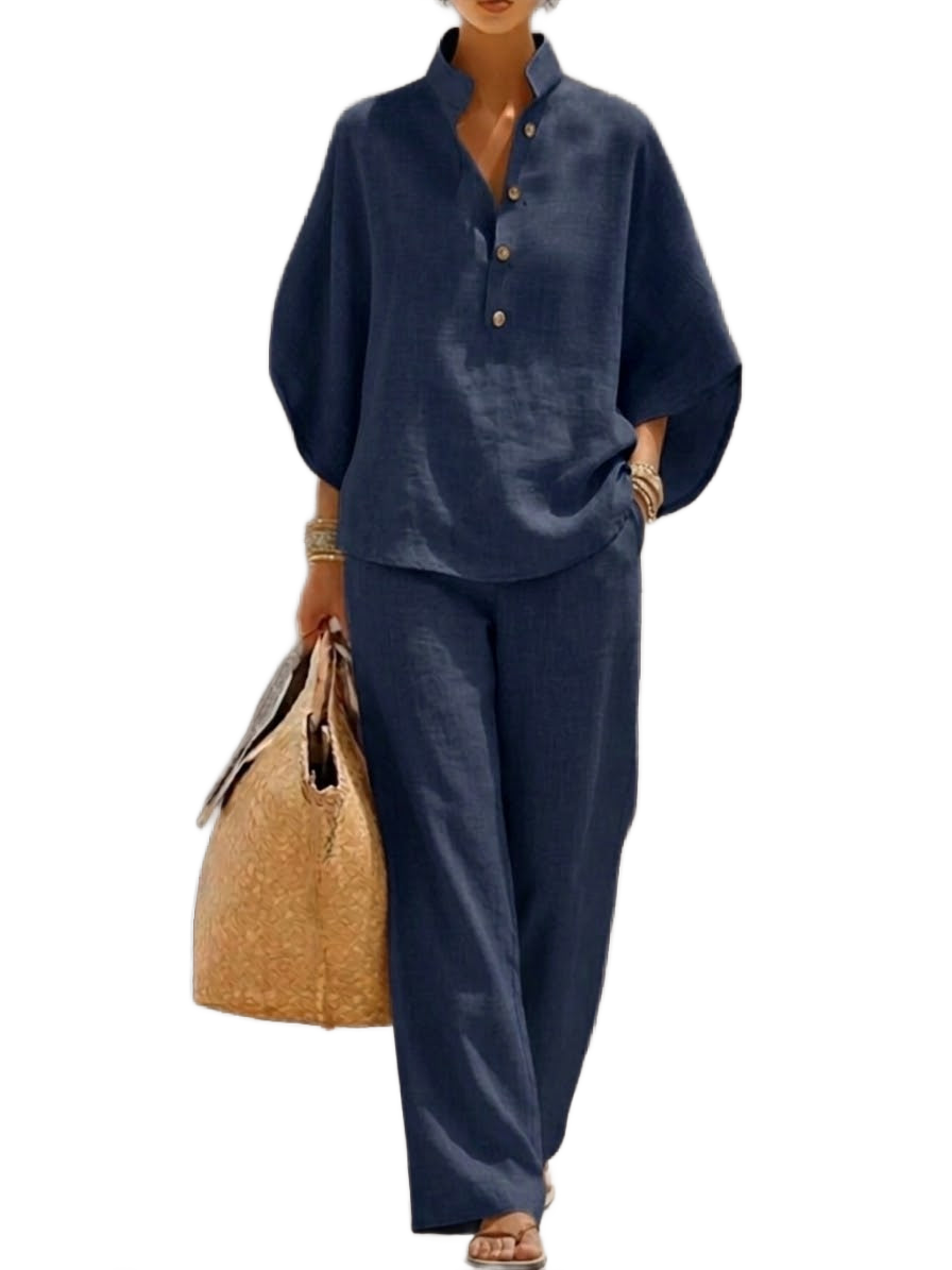 Conjunto de blusa de manga murciélago y pantalón de pierna ancha azul marino con botones