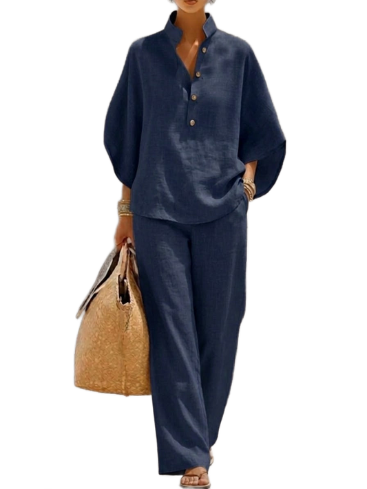 Conjunto de blusa de manga murciélago y pantalón de pierna ancha azul marino con botones
