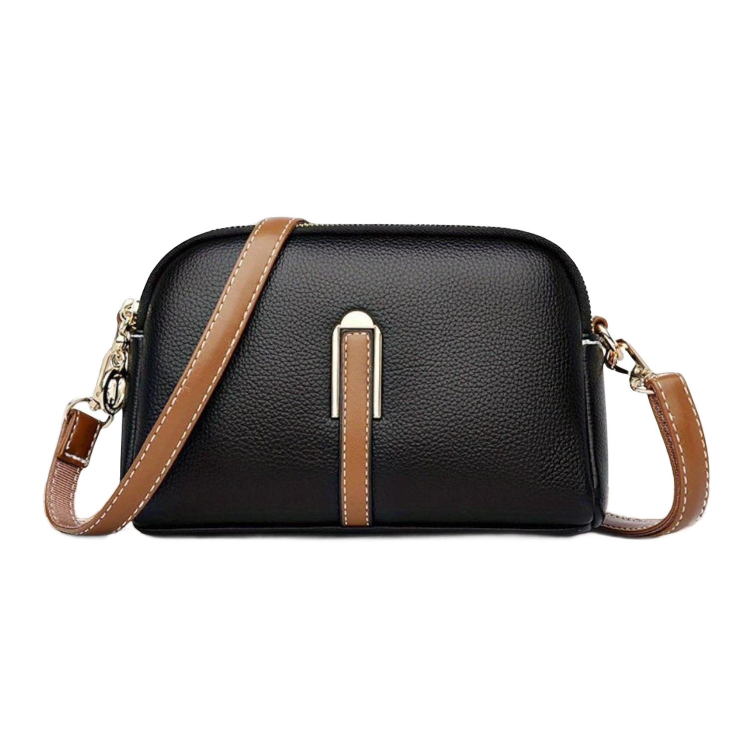 Bolso de hombro negro con textura de lichi y franja marrón central, cierre con cremallera.