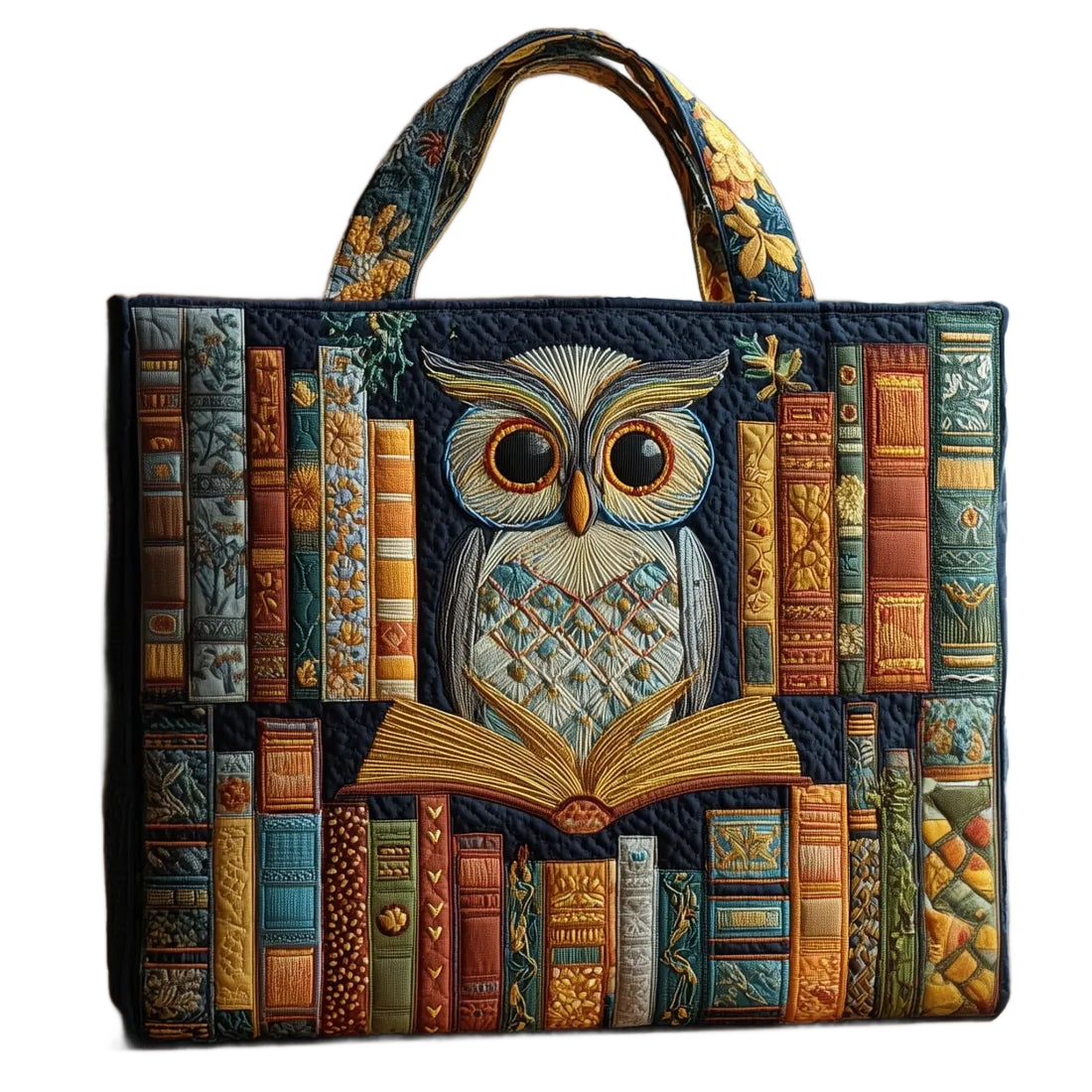 Bolso artesanal tipo tote con búho ilustrado entre libros antiguos, asas cortas