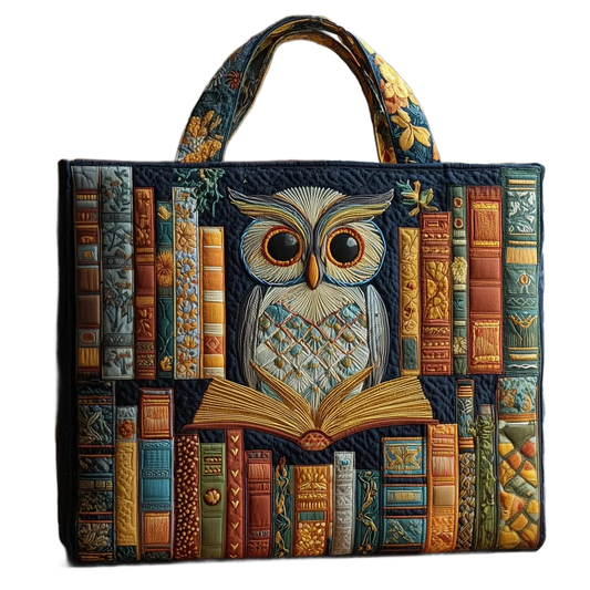 Bolso artesanal tipo tote con búho ilustrado entre libros antiguos, asas cortas