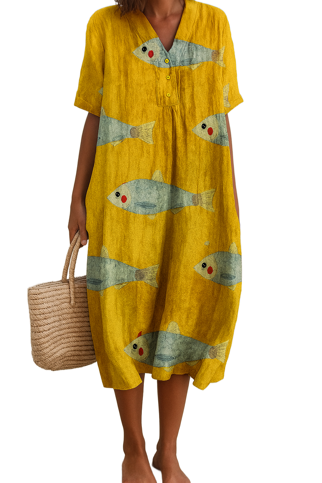 Vestido de algodón amarillo con botones y estampado de peces de colores, manga corta