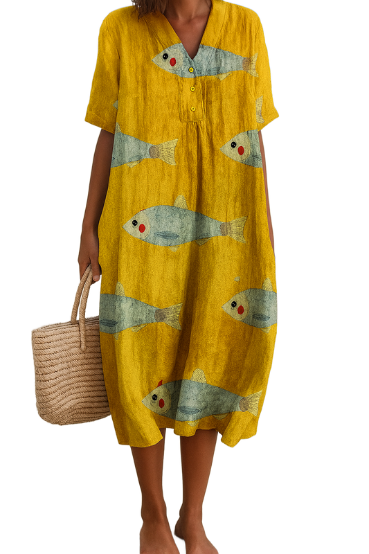 Vestido de algodón amarillo con botones y estampado de peces de colores, manga corta