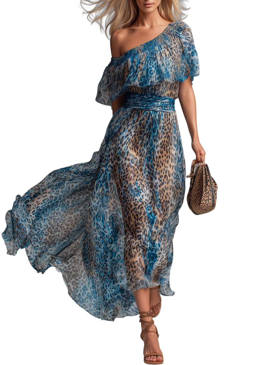 Vestido largo de gasa azul con estampado leopardo, volante en el escote y cintura fruncida