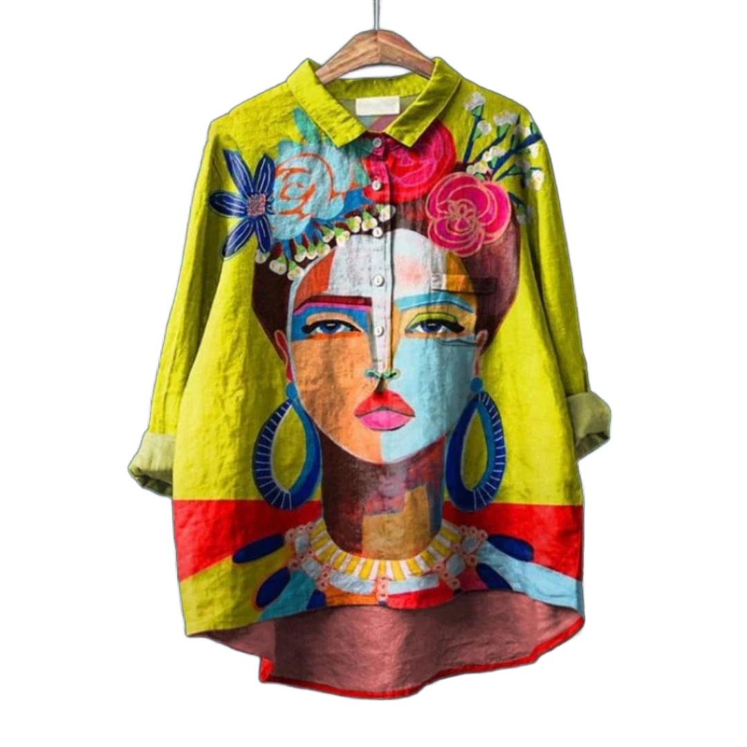 Camisa artística amarilla con estampado de rostro y flores, botones delanteros