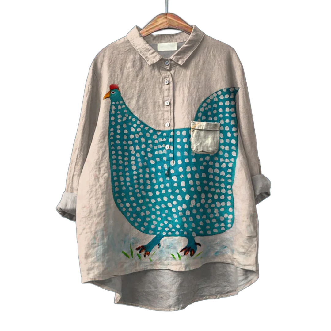 Camisa de manga larga gris con panel turquesa estampado y botones delanteros