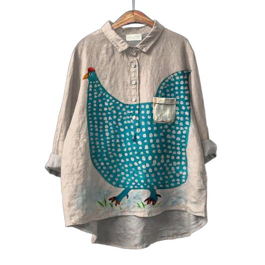 Camisa de manga larga gris con panel turquesa estampado y botones delanteros