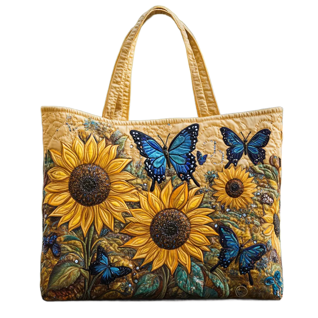 Bolso tote artesanal con girasoles amarillos y mariposas azules, asa de tela
