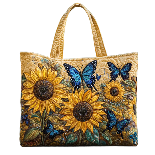 Bolso tote artesanal con girasoles amarillos y mariposas azules, asa de tela