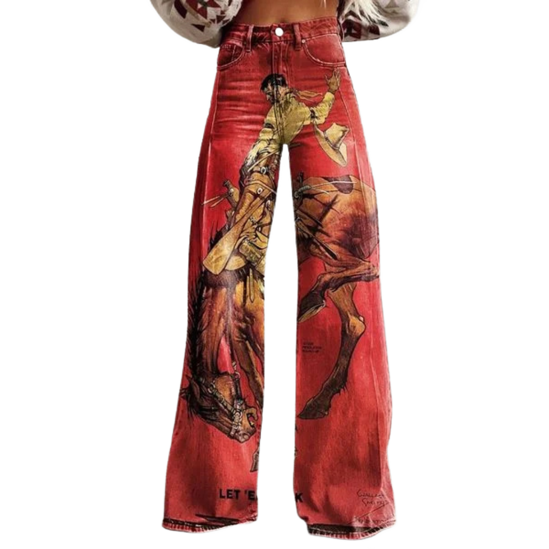 Vaqueros de pierna ancha burdeos con estampado multicolor y trabillas
