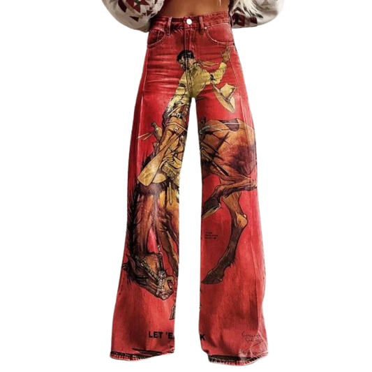 Vaqueros de pierna ancha burdeos con estampado multicolor y trabillas