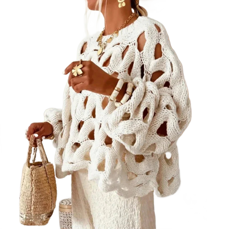 Jersey calado de punto blanco con cuello redondo y calado trenzado de huecos