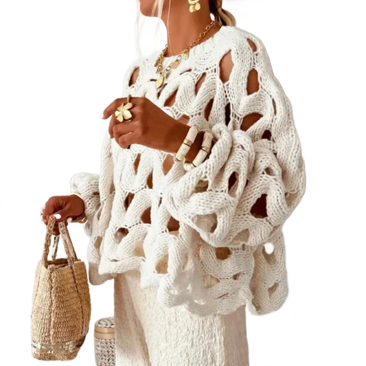 Jersey calado de punto blanco con cuello redondo y calado trenzado de huecos