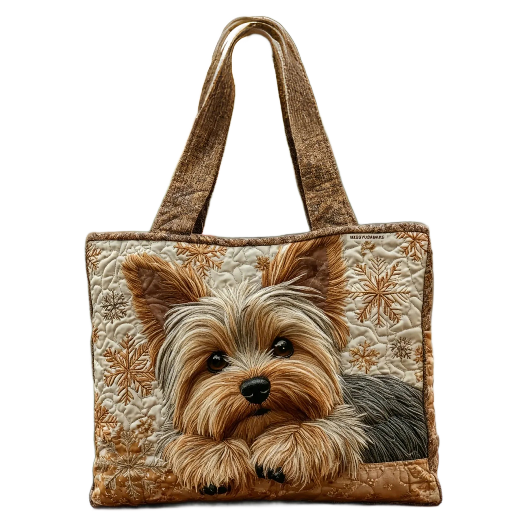Bolso tote artesanal con estampado de perro Yorkshire y asas de tela marrón