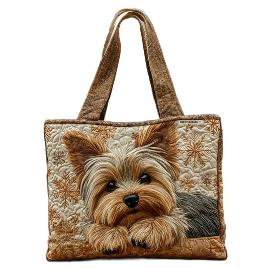 Bolso tote artesanal con estampado de perro Yorkshire y asas de tela marrón
