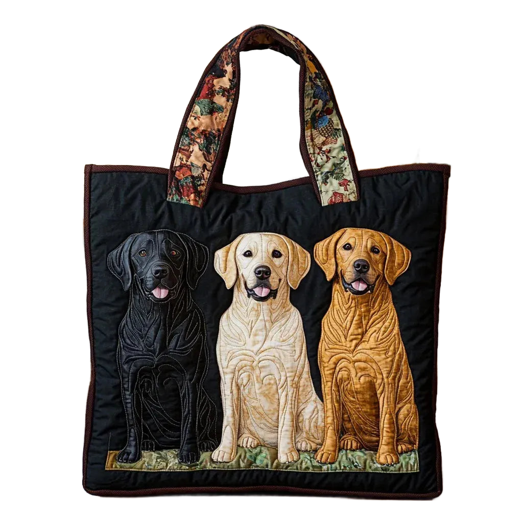 Bolso tote artesanal con bordado de tres labradores y asas de tela