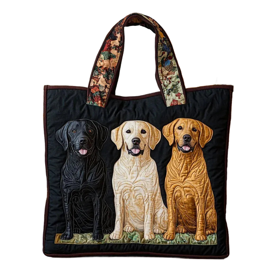 Bolso tote artesanal con bordado de tres labradores y asas de tela
