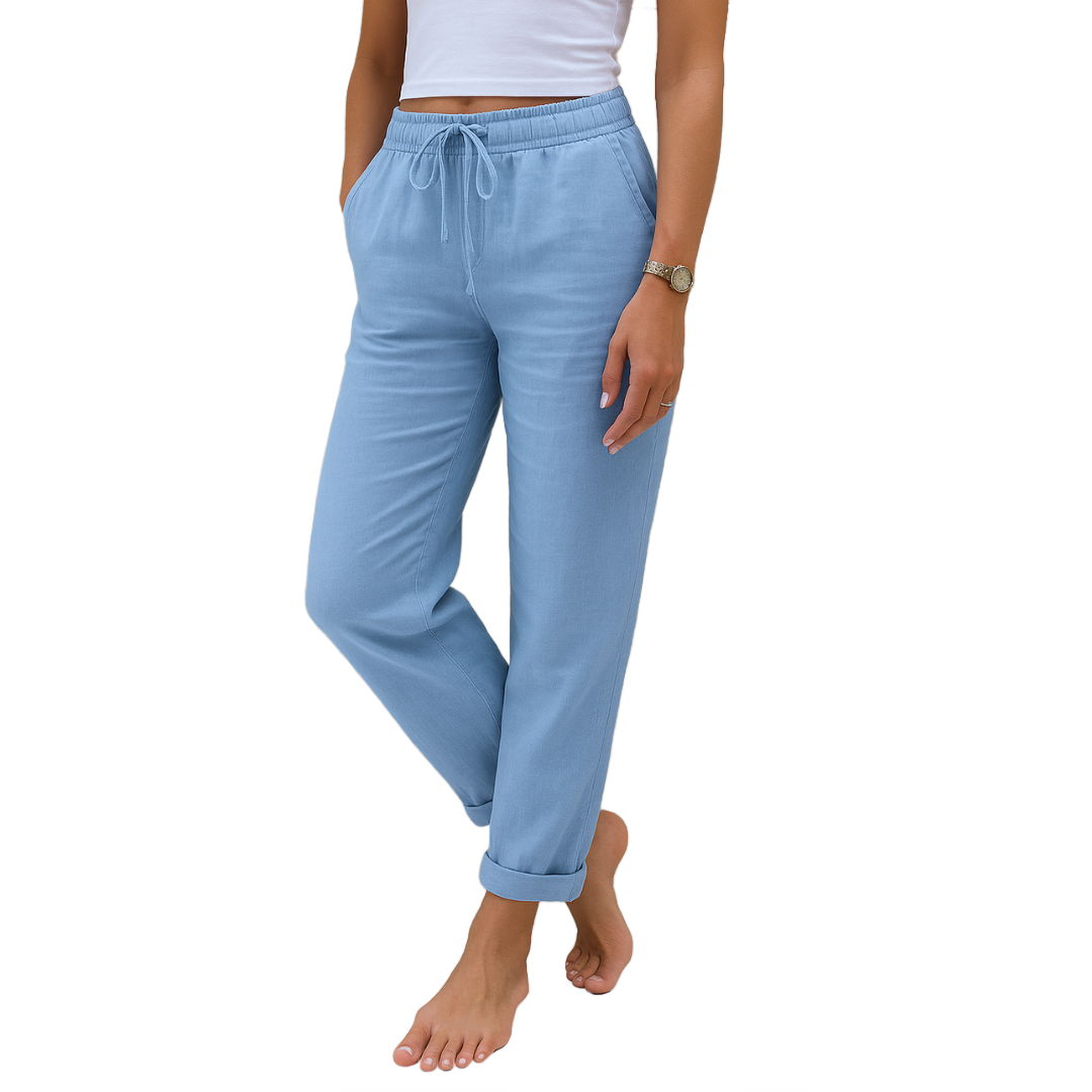 Pantalones casuales azul claro con cintura elástica y cordón, puños en el bajo