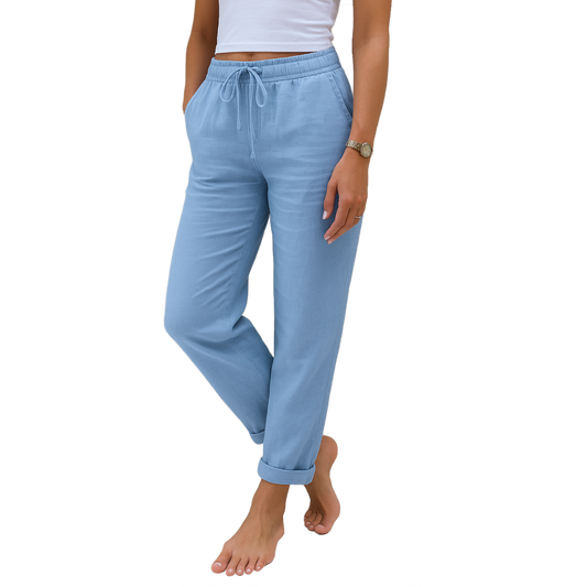 Pantalones casuales azul claro con cintura elástica y cordón, puños en el bajo