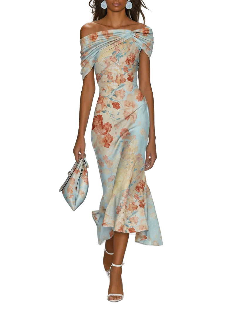 Vestido sirena sin mangas con escote drapeado off-shoulder y flores coral sobre azul claro