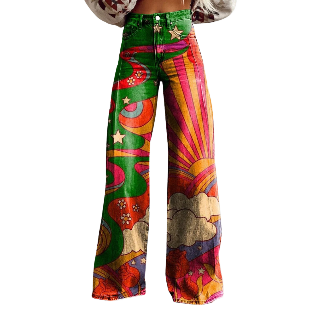 Pantalón vaquero ancho multicolor con estampado arcoíris, nubes y estrellas