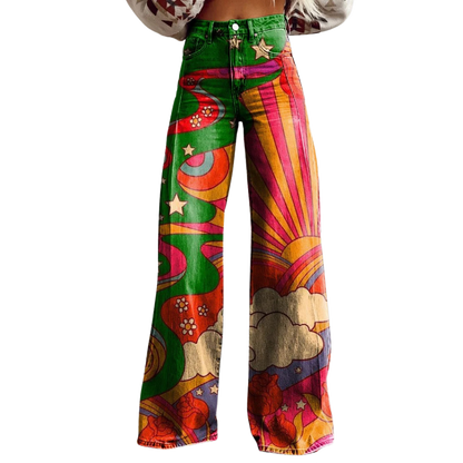 Pantalón vaquero ancho multicolor con estampado arcoíris, nubes y estrellas