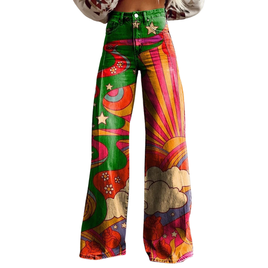 Pantalón vaquero ancho multicolor con estampado arcoíris, nubes y estrellas