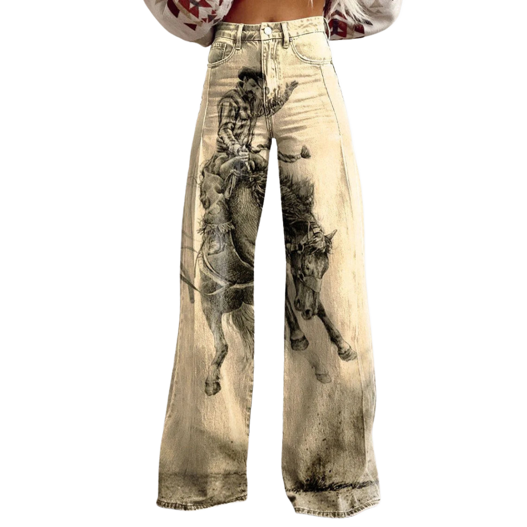 Vaqueros de corte ancho con estampado multicolor, diseño frontal y cintura