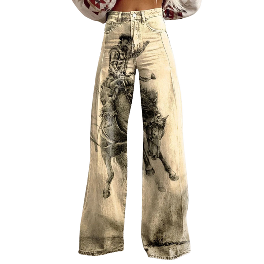 Vaqueros de corte ancho con estampado multicolor, diseño frontal y cintura