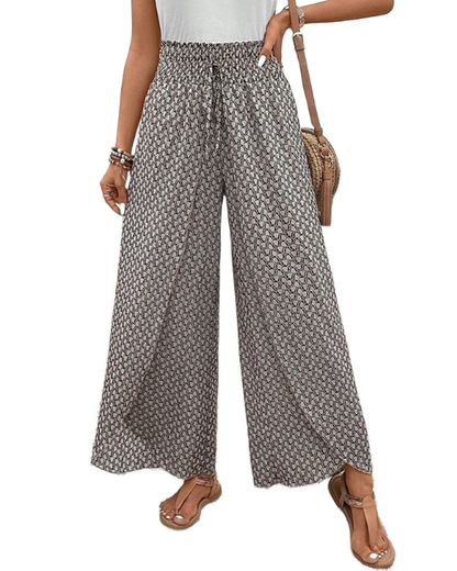 Pantalones de pierna ancha LUNARA grises con estampado y cintura con cordón