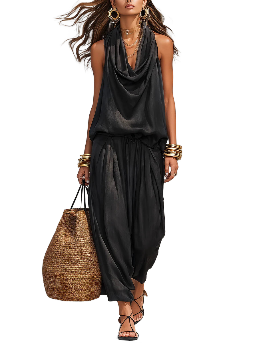 Conjunto de dos piezas negro: top halter drapeado y pantalón amplio