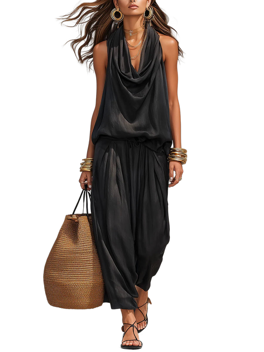 Conjunto de dos piezas negro: top halter drapeado y pantalón amplio