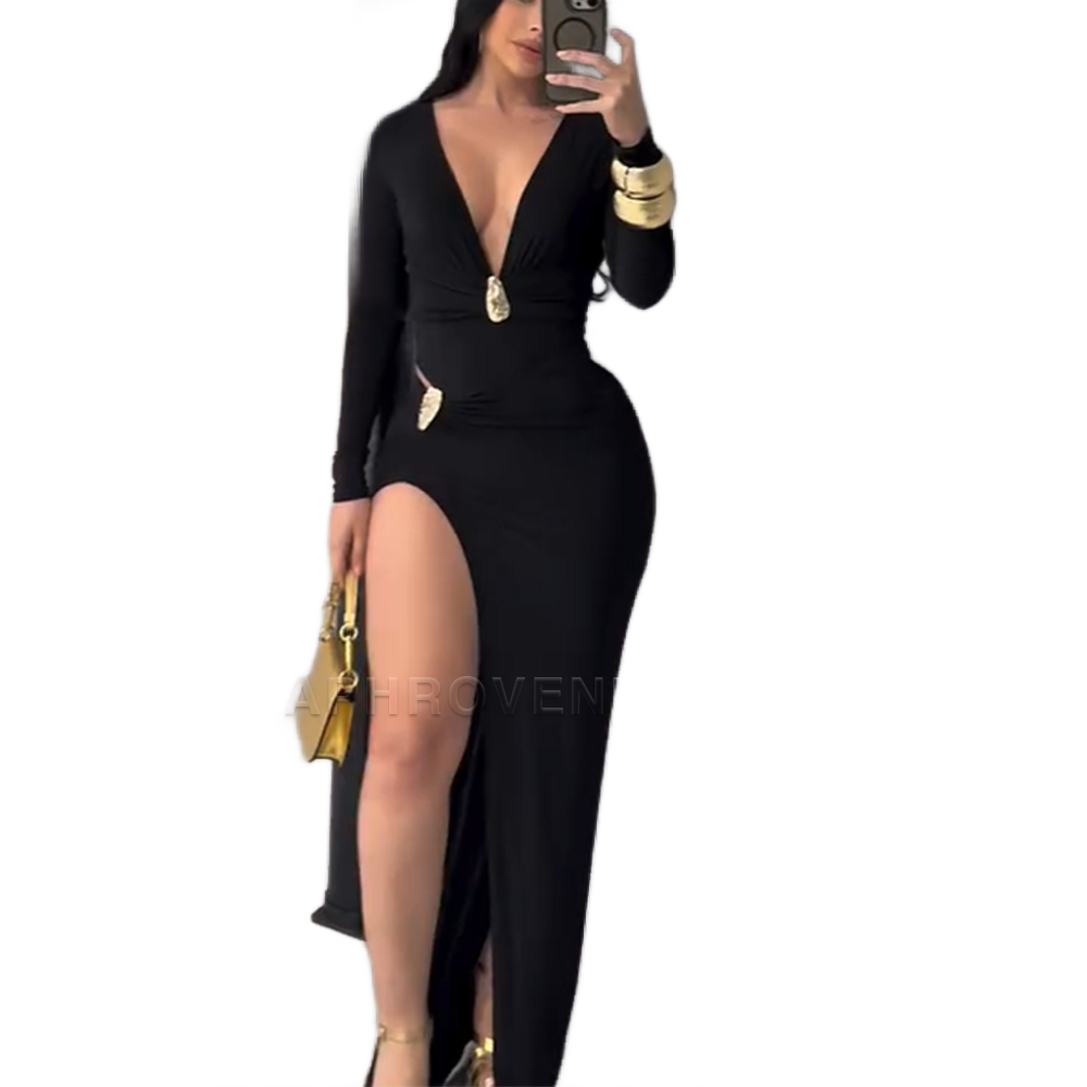 Vestido maxi negro ajustado con escote V profundo, mangas largas y abertura lateral