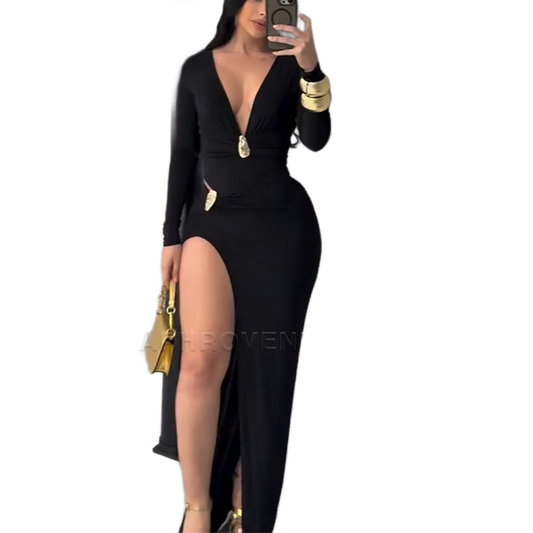 Vestido maxi negro ajustado con escote V profundo, mangas largas y abertura lateral