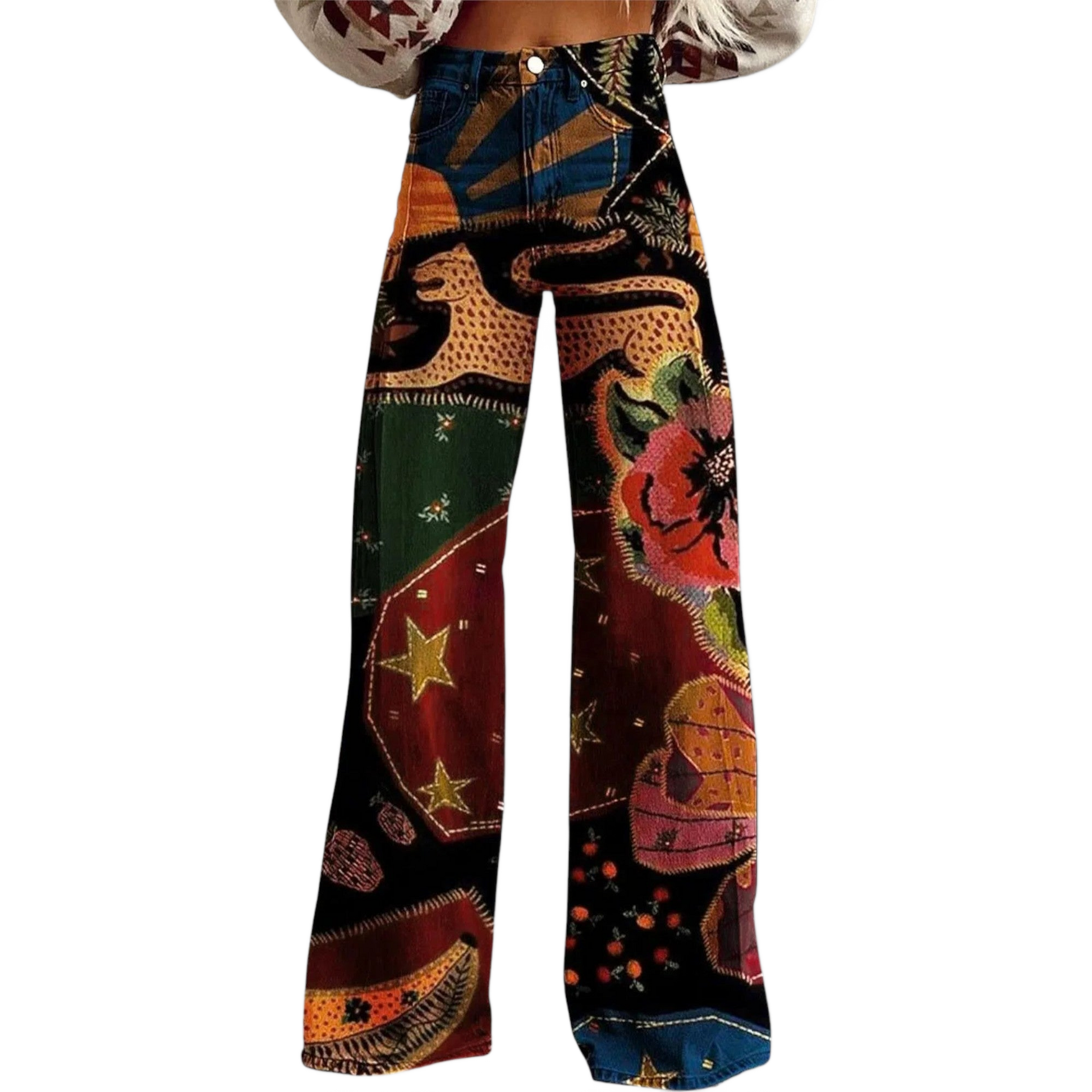 Vaqueros acampanados estampados multicolor