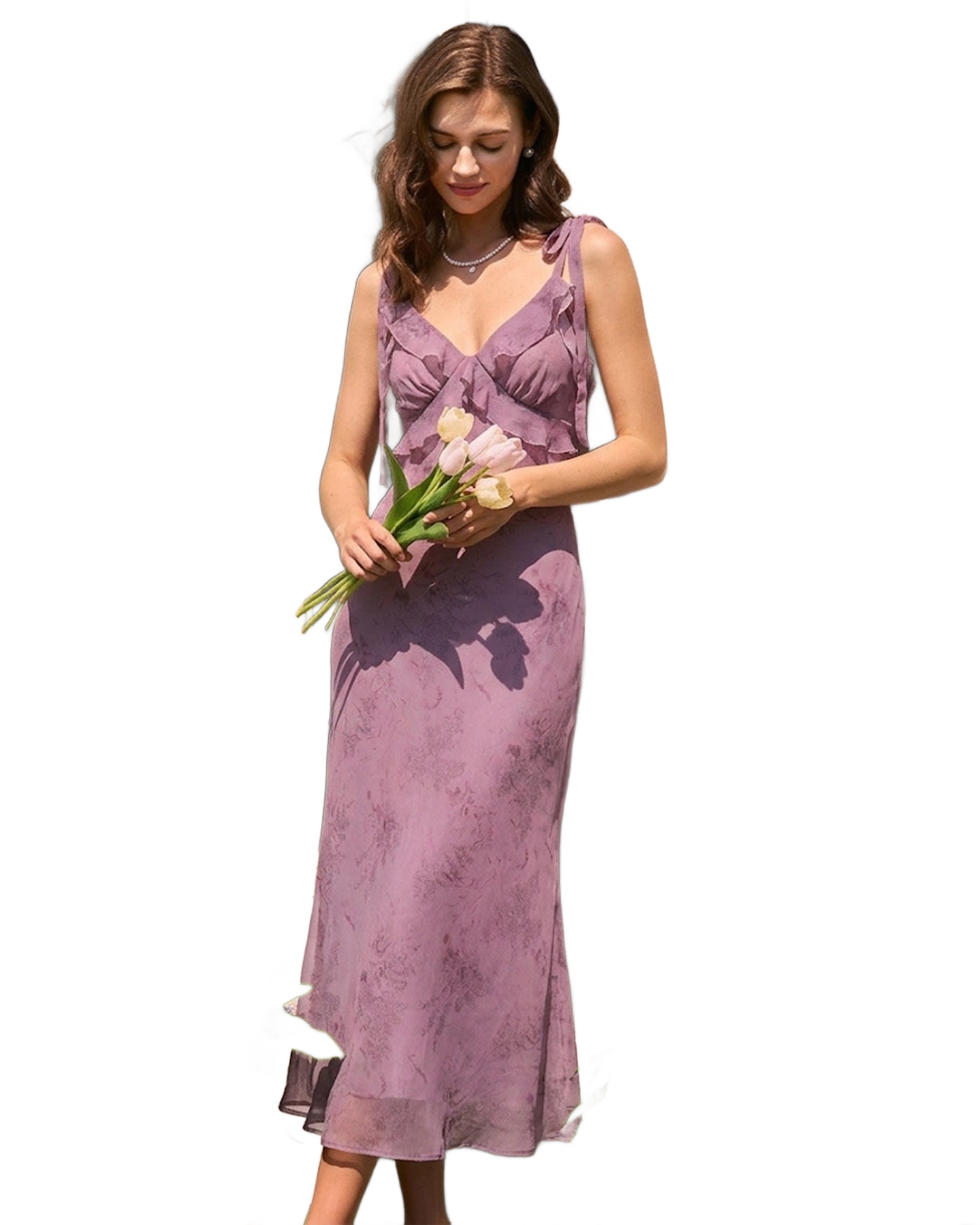 Vestido midi violeta con tirantes, lazo en el pecho y estampado floral