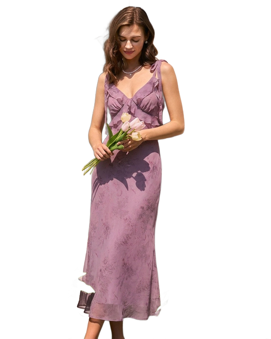 Vestido midi violeta con tirantes, lazo en el pecho y estampado floral