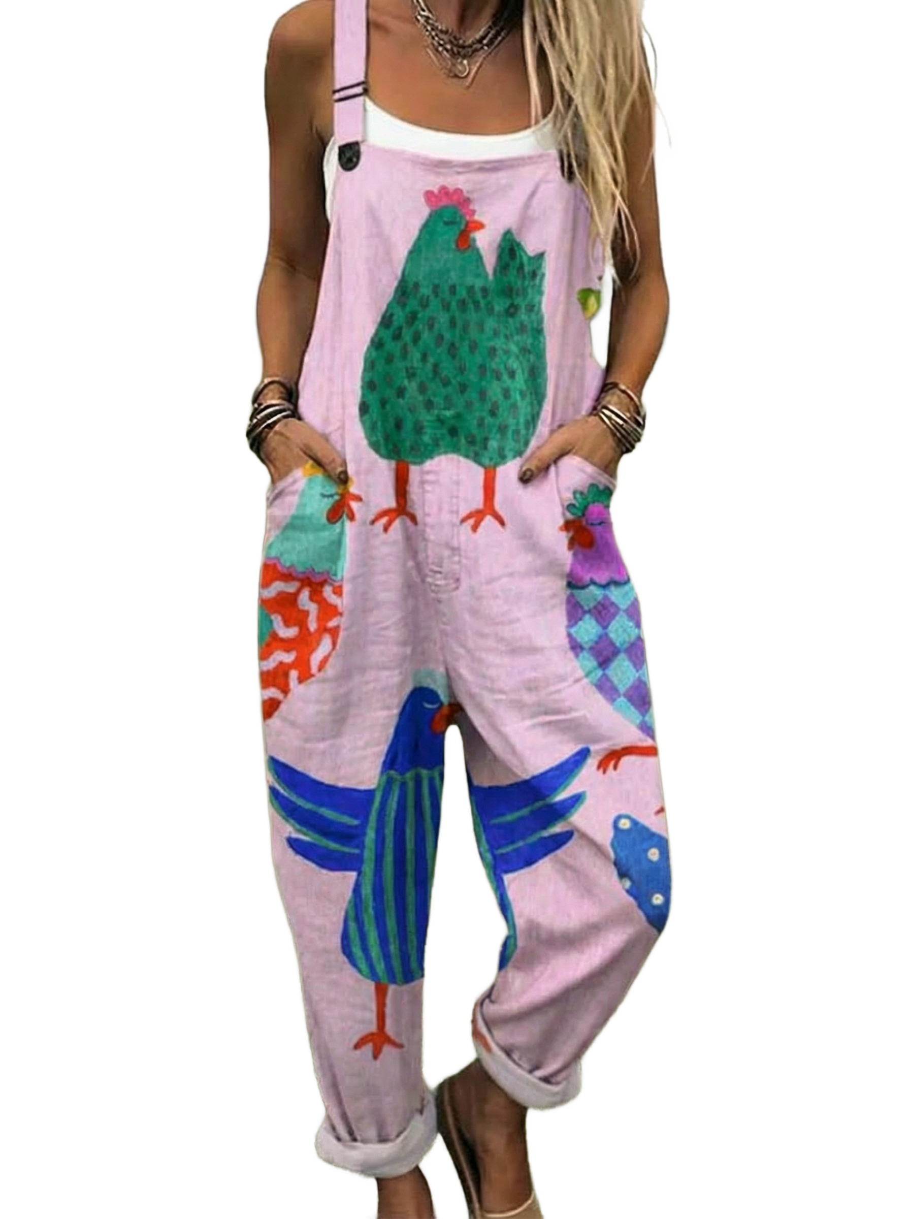 Mono sin mangas lila con tirantes y estampado de gallinas multicolor