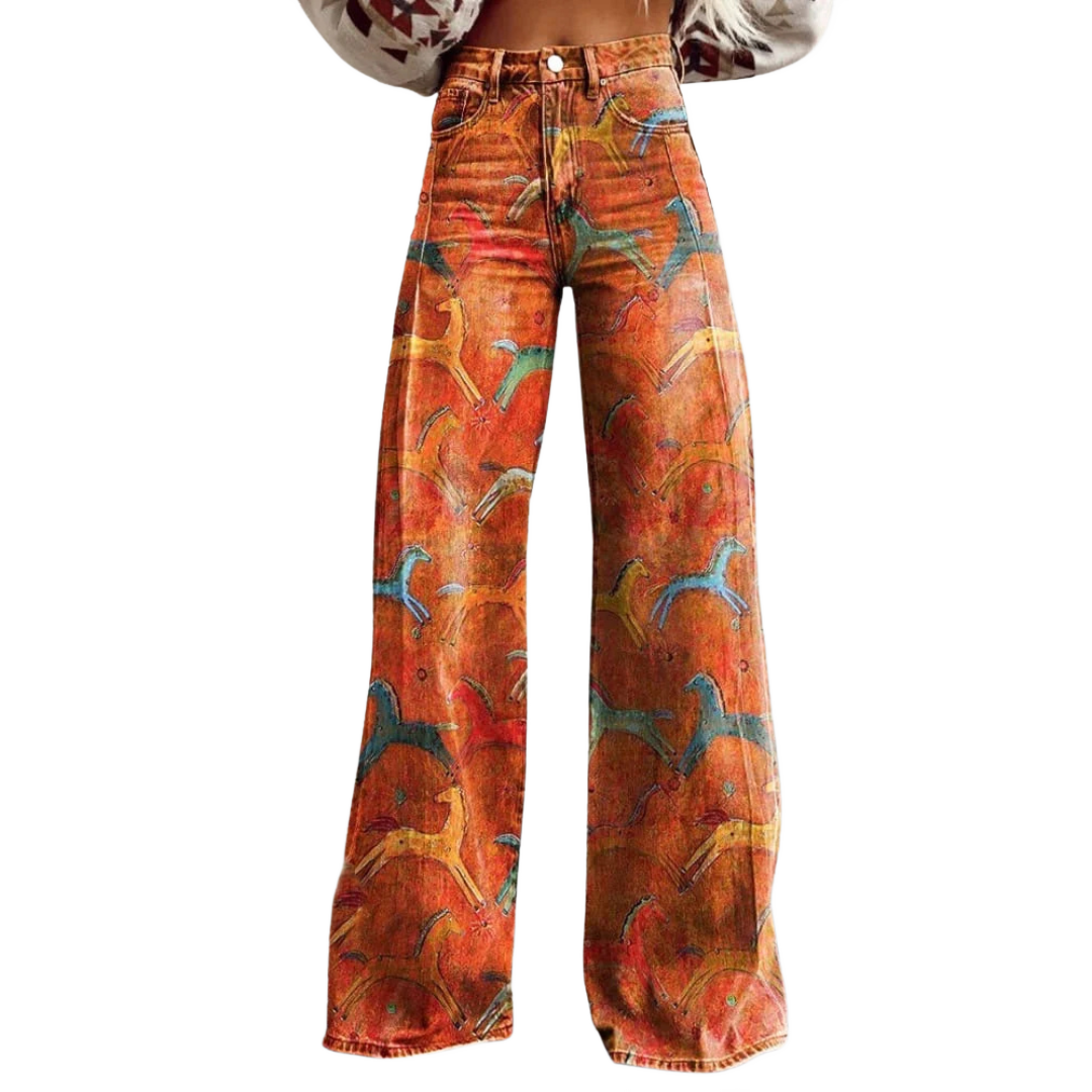 Vaqueros de cintura alta acampanados color naranja con estampado abstracto
