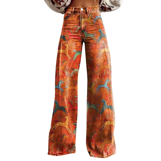 Vaqueros de cintura alta acampanados color naranja con estampado abstracto