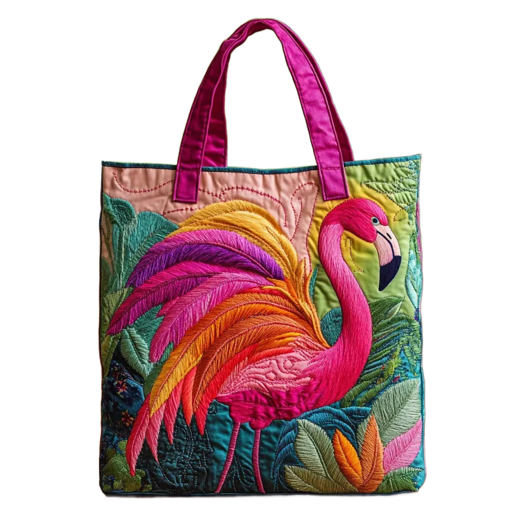 Bolso de hombro acolchado con estampado de flamenco bordado y asas moradas