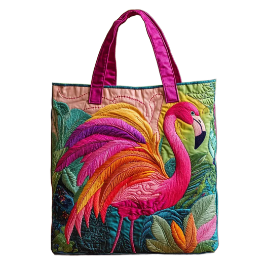 Bolso de hombro acolchado con estampado de flamenco bordado y asas moradas