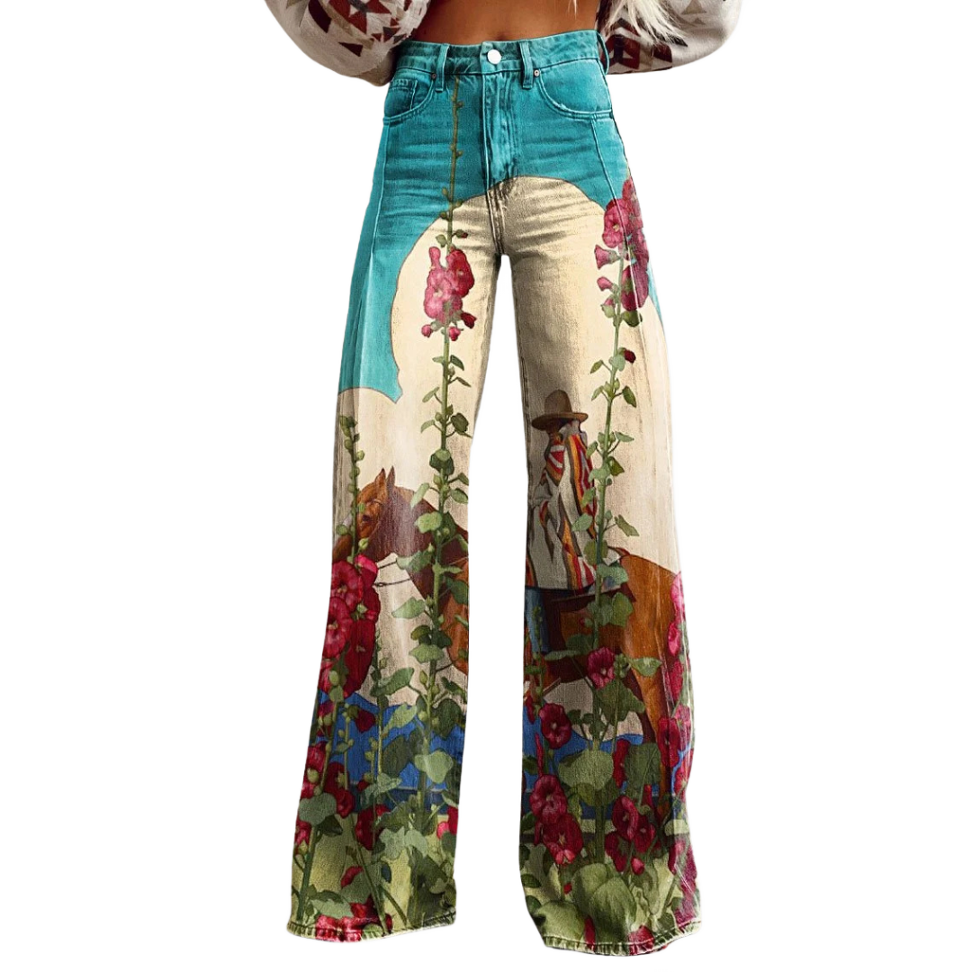 Vaqueros de pierna ancha con estampado floral multicolor y cintura alta