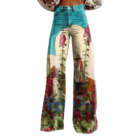 Vaqueros de pierna ancha con estampado floral multicolor y cintura alta