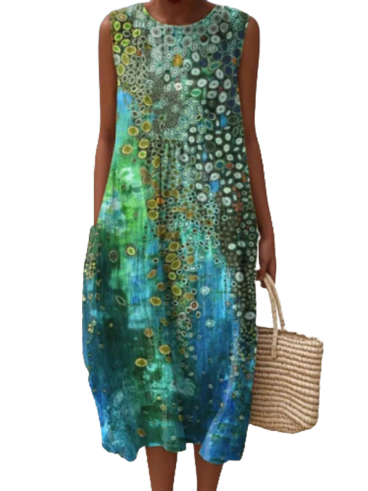Vestido Zara sin mangas, cuello redondo, estampado multicolor verde y azul, suelto