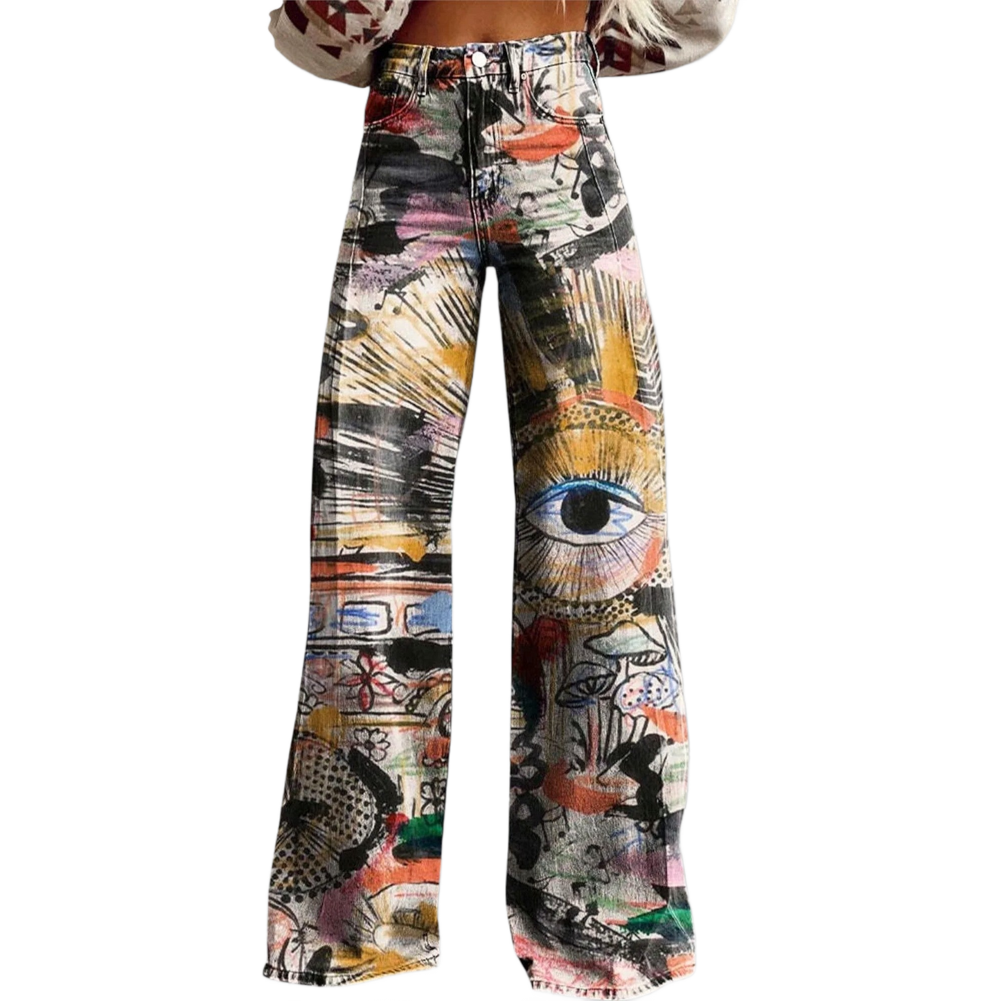 Vaqueros de pierna ancha con estampado artístico multicolor